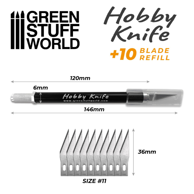 Craft Knife with Spare Blades - Green Stuff World - wymiary noża 146mm i 10 ostrzy size 11 36mm