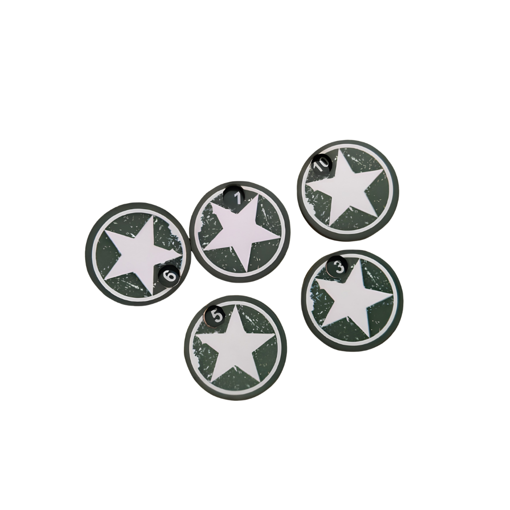 SceneryWargames US Army Pin Marker 1-10 – zestaw 5 obrotowych markerów supresji z motywem białej gwiazdy Armii Amerykańskiej WWII, numeracja 1-10, ø25mm, Bolt Action