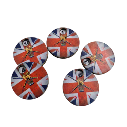 SceneryWargames British Army Pin Marker 1-10 – zestaw 5 obrotowych markerów supresji z motywem Union Jack i emblematem British Army WWII, numeracja 1-10, ø25mm, Bolt Action