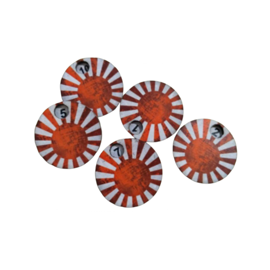 SceneryWargames Imperial Japanese Army Pin Marker 1-10 – zestaw 5 obrotowych markerów supresji z motywem Kyokujitsu-ki Imperium Japńskiego WWII, numeracja 1-10, ø25mm, Bolt Action