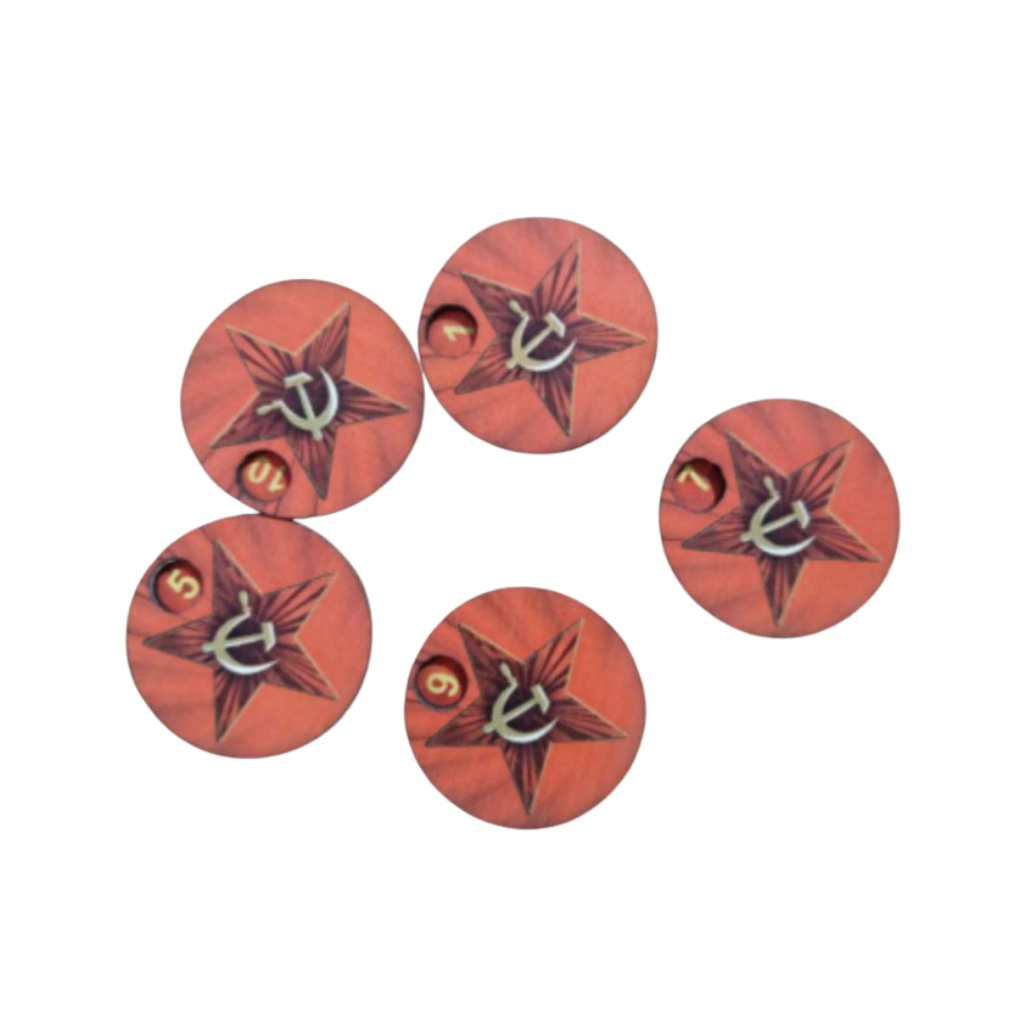 SceneryWargames Soviet Army Pin Marker 1-10 – zestaw 5 obrotowych markerów supresji z motywem Czerwonej Gwiazdy z sierpem i młotem Armii Radzieckiej WWII, numeracja 1-10, ø25mm, Bolt Action