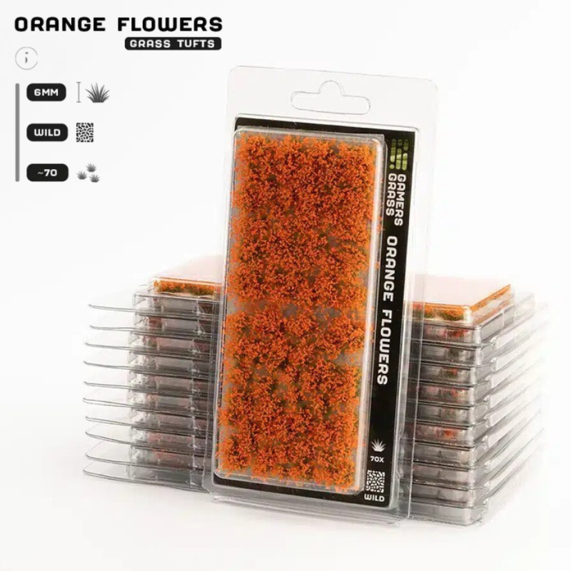 Orange Flowers 6mm Wild Gamers Grass - opakowanie blister ze stosem produktów, widok z przodu z arkuszem 70 intensywnie pomarańczowych kępek kwiatowych i oznaczeniem 6mm Wild 70x
