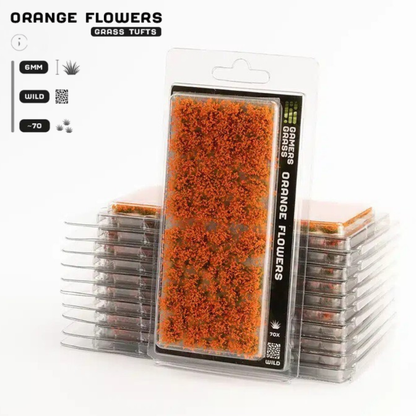 Orange Flowers 6mm Wild Gamers Grass - opakowanie blister ze stosem produktów, widok z przodu z arkuszem 70 intensywnie pomarańczowych kępek kwiatowych i oznaczeniem 6mm Wild 70x
