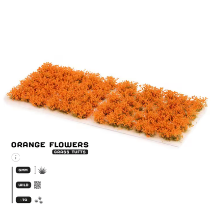 Orange Flowers 6mm Wild Gamers Grass - arkusz kępek kwiatowych na białym tle z logo Gamers Grass i opisem produktu: Grass Tufts 6mm Wild 70x
