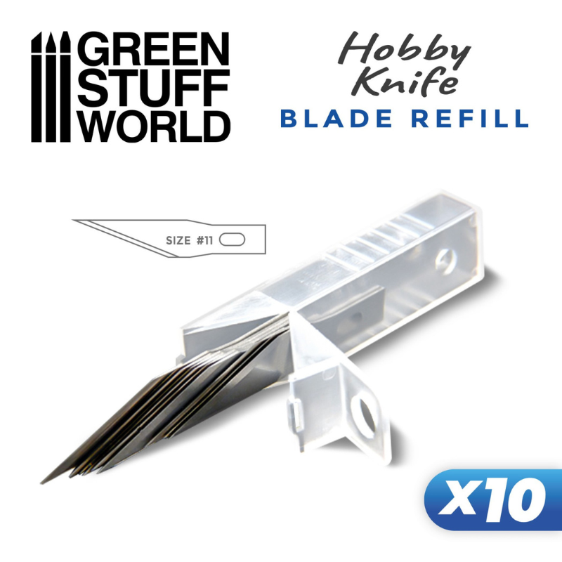 10x Hobby Knife Blade Refill - Green Stuff World - ostrza size 11 w pojemniku zbliżenie
