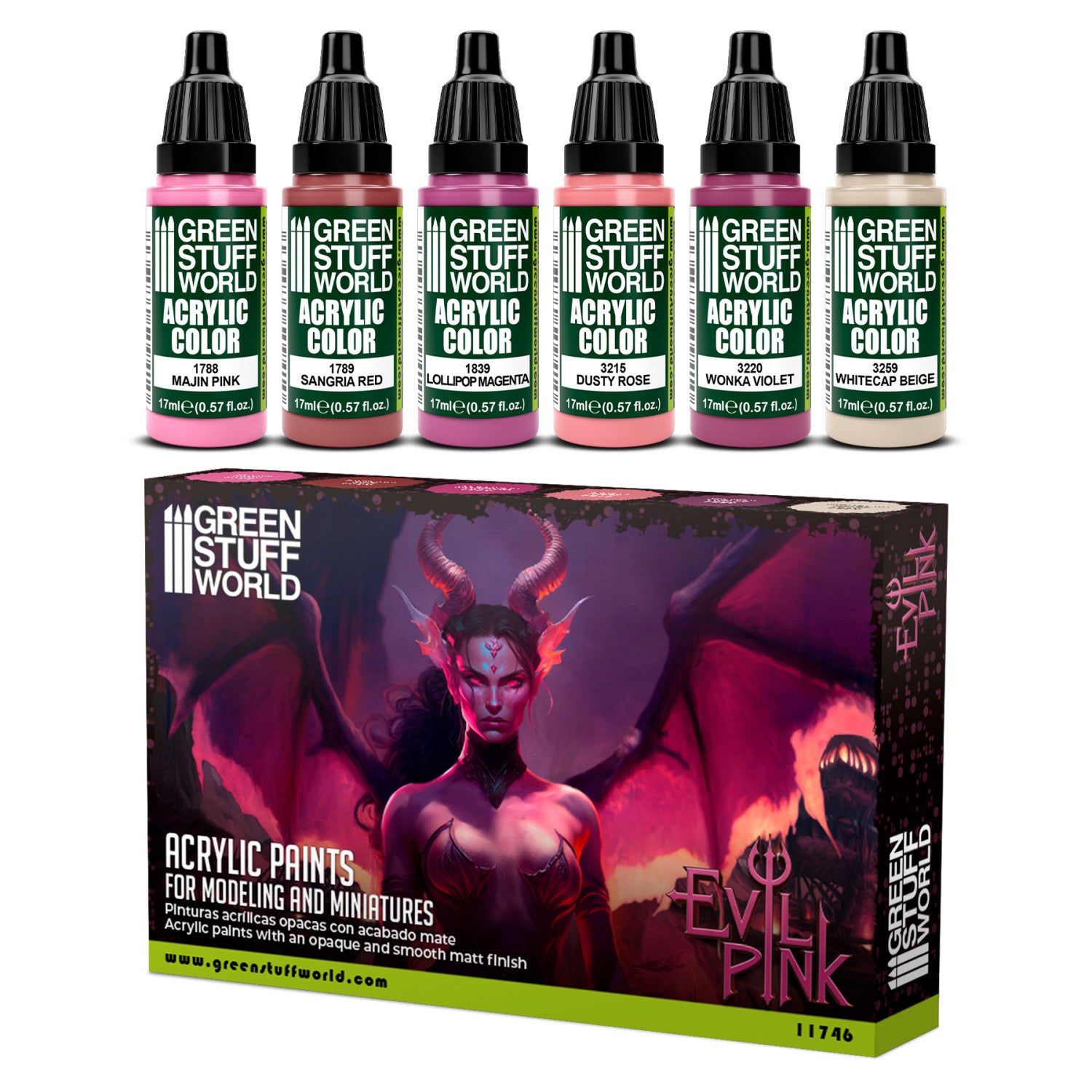 Zestaw farb Green Stuff World Paint Set Evil Pink 11746 - 6 farb akrylowych Maxx Formula do malowania demonic i postaci fantasy w odcieniach różu - Green Stuff World
