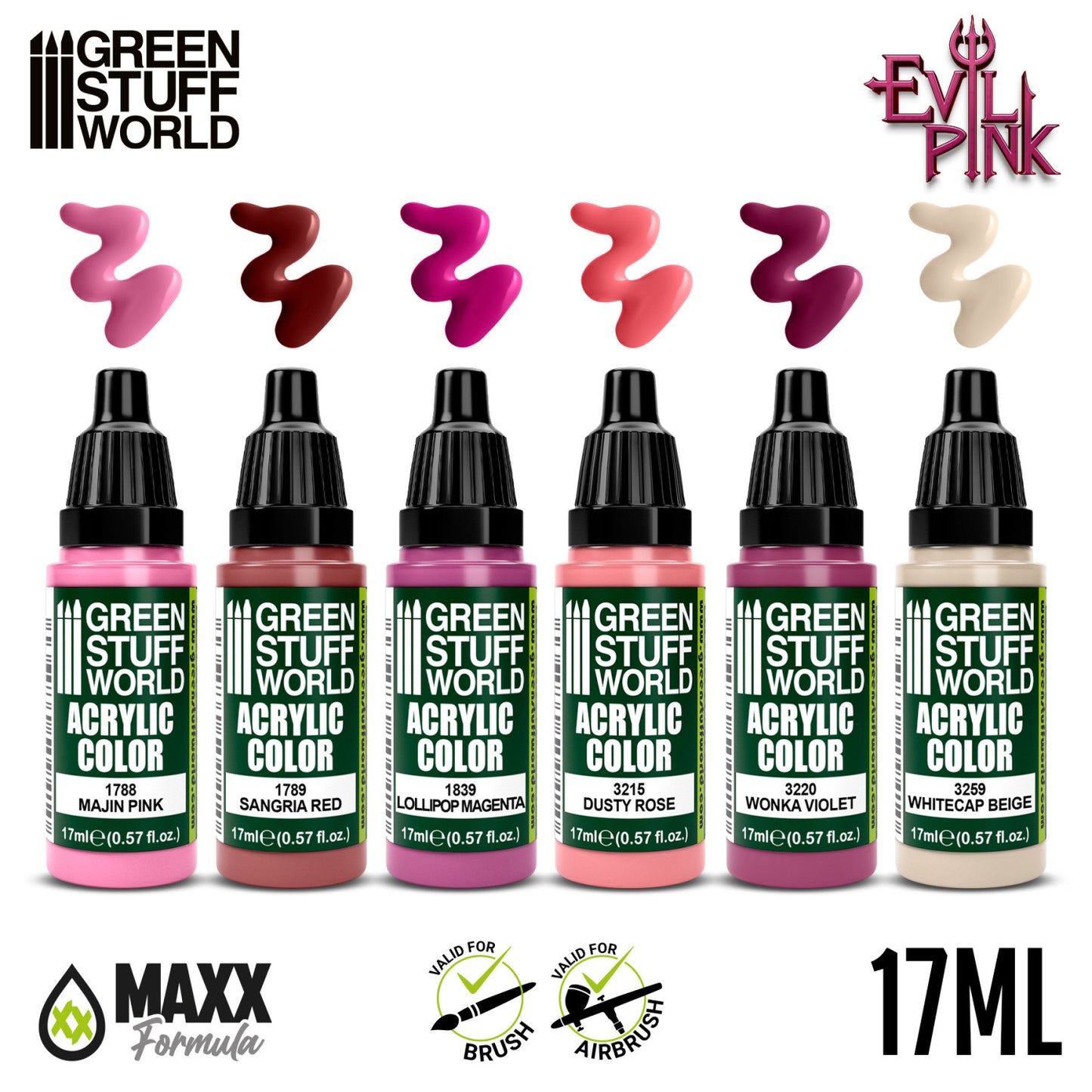 Green Stuff World Paint Set Evil Pink - 6 farb akrylowych z próbkami kolorów Majin Pink Sangria Red Lollipop Magenta Dusty Rose Wonka Violet Whitecap Beige - Green Stuff World

