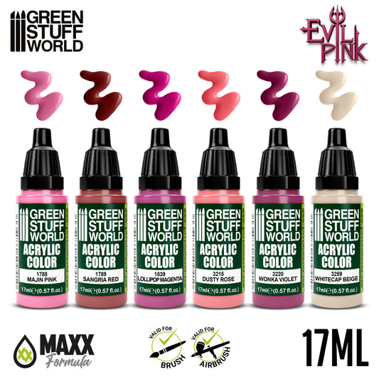 Green Stuff World Paint Set Evil Pink - 6 farb akrylowych z próbkami kolorów Majin Pink Sangria Red Lollipop Magenta Dusty Rose Wonka Violet Whitecap Beige - Green Stuff World
