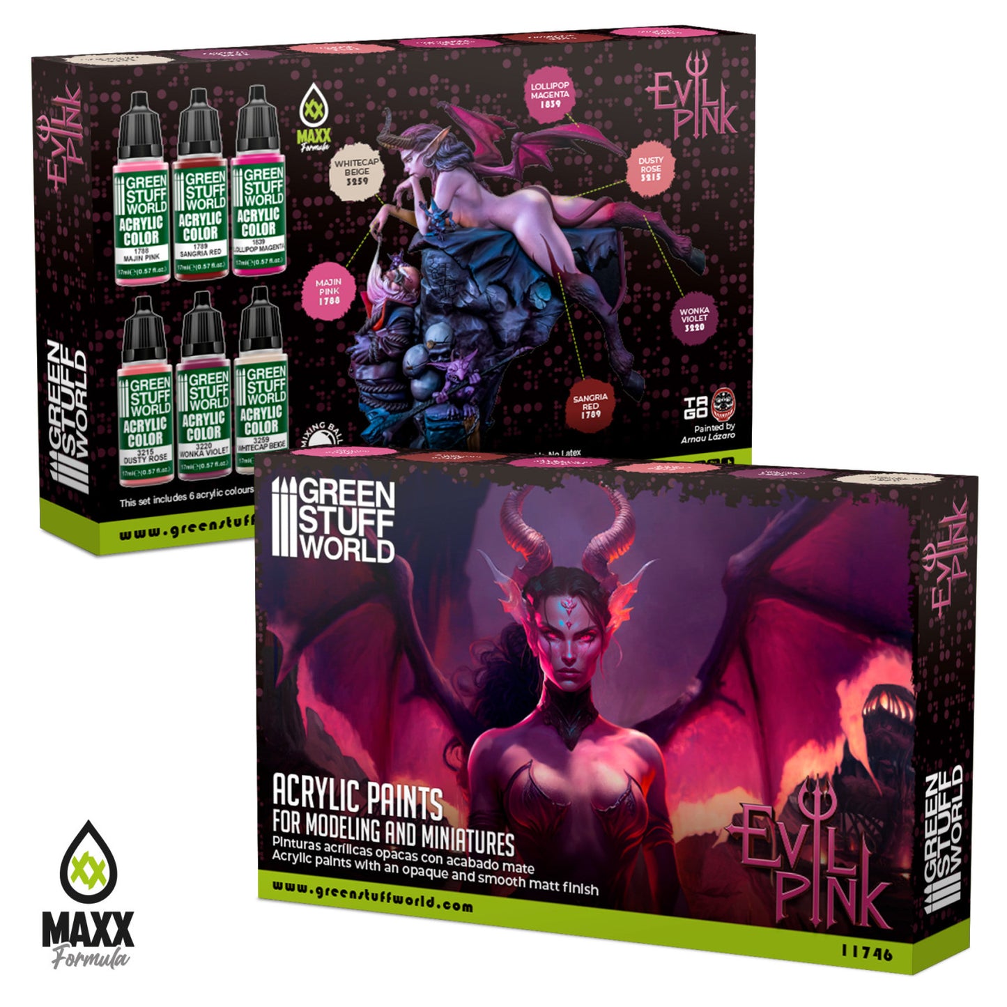 Green Stuff World Paint Set Evil Pink 11746 pudełko przód i tył - zestaw 6 farb akrylowych Maxx Formula do malowania figurek demonic Warhammer Age of Sigmar - Green Stuff World
