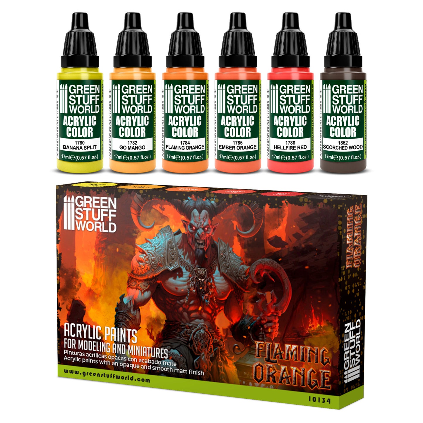 Zestaw farb Green Stuff World Paint Set Flaming Orange 10134 - 6 farb akrylowych Maxx Formula do malowania efektów ognia i demonów fantasy - Green Stuff World
