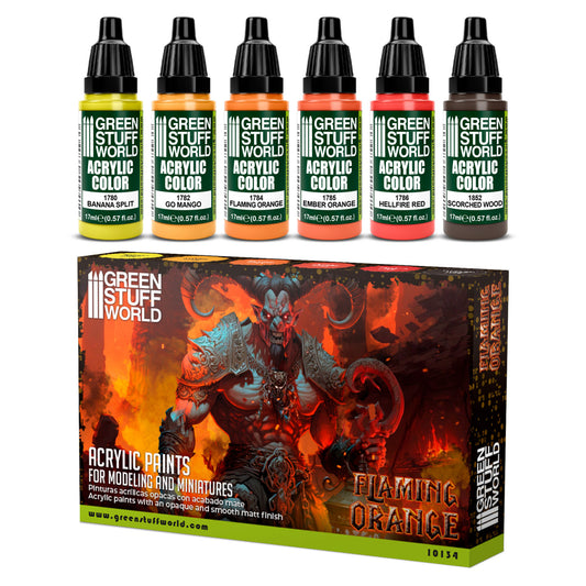 Zestaw farb Green Stuff World Paint Set Flaming Orange 10134 - 6 farb akrylowych Maxx Formula do malowania efektów ognia i demonów fantasy - Green Stuff World
