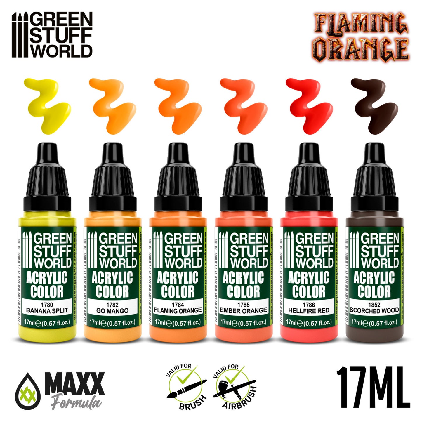 Green Stuff World Paint Set Flaming Orange - 6 farb akrylowych z próbkami kolorów Banana Split Go Mango Flaming Orange Ember Orange Hellfire Red Scorched Wood - Green Stuff World
