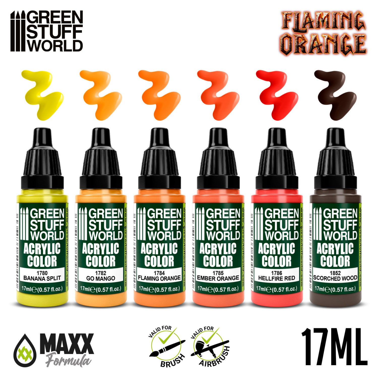 Green Stuff World Paint Set Flaming Orange - 6 farb akrylowych z próbkami kolorów Banana Split Go Mango Flaming Orange Ember Orange Hellfire Red Scorched Wood - Green Stuff World
