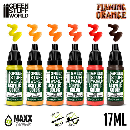 Green Stuff World Paint Set Flaming Orange - 6 farb akrylowych z próbkami kolorów Banana Split Go Mango Flaming Orange Ember Orange Hellfire Red Scorched Wood - Green Stuff World
