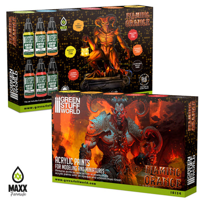 Green Stuff World Paint Set Flaming Orange 10134 pudełko przód i tył - zestaw 6 farb akrylowych Maxx Formula do malowania figurek demonów Warhammer Age of Sigmar - Green Stuff World
