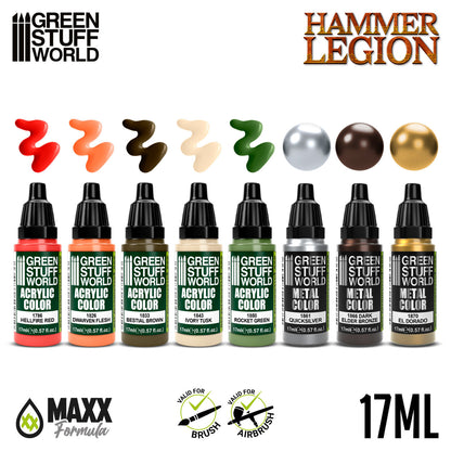 Green Stuff World Paint Set Hammer Legion - zawartość zestawu 8 farb akrylowych z próbkami kolorów Hellfire Red Quicksilver Dark Elder Bronze El Dorado - Green Stuff World
