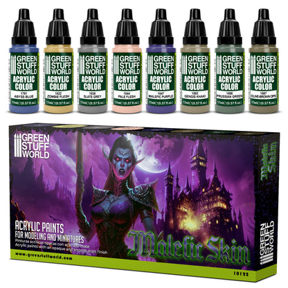 Zestaw farb Green Stuff World Paint Set Malefic Skin 10122 - 8 farb akrylowych Maxx Formula do malowania skóry mrocznych elfów i postaci fantasy - Green Stuff World
