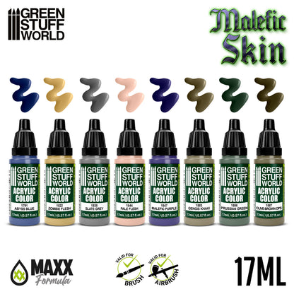 Green Stuff World Paint Set Malefic Skin - zawartość zestawu 8 farb akrylowych z próbkami kolorów Abyss Blue Zombie Flesh Pale Flesh Malefic Purple - Green Stuff World
