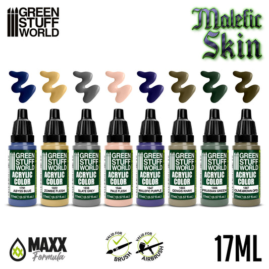 Green Stuff World Paint Set Malefic Skin - zawartość zestawu 8 farb akrylowych z próbkami kolorów Abyss Blue Zombie Flesh Pale Flesh Malefic Purple - Green Stuff World
