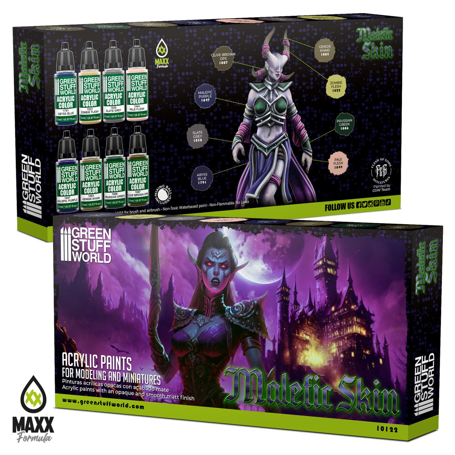 Green Stuff World Paint Set Malefic Skin 10122 pudełko przód i tył - zestaw 8 farb akrylowych Maxx Formula do malowania figurek mrocznych elfów Warhammer - Green Stuff World
