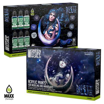 Green Stuff World Paint Set Misty Blue 10201 pudełko przód i tył - zestaw 6 farb akrylowych Maxx Formula Abyss Blue Marine Blue Wolven Grey Bluegrey Dusk Mirage Blue Smoked Blue - Green Stuff World
