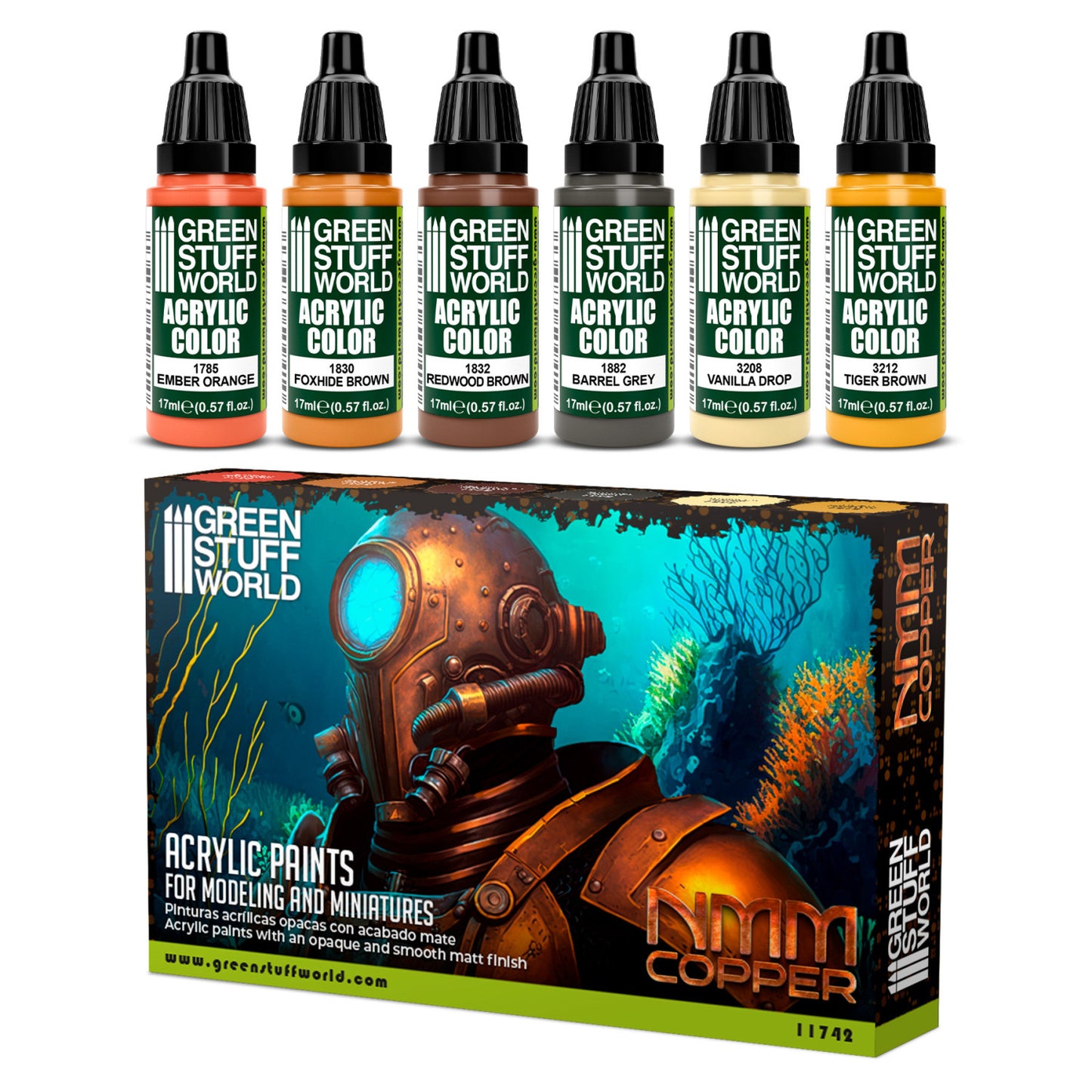 Zestaw farb Green Stuff World Paint Set NMM Copper 11742 - 6 farb akrylowych Maxx Formula do malowania efektu miedzi techniką Non-Metallic Metal - Green Stuff World
