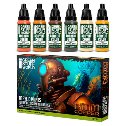 Zestaw farb Green Stuff World Paint Set NMM Copper 11742 - 6 farb akrylowych Maxx Formula do malowania efektu miedzi techniką Non-Metallic Metal - Green Stuff World
