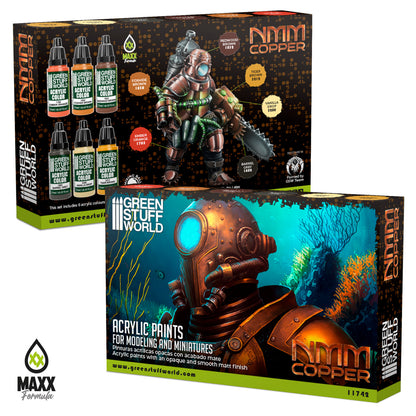 Green Stuff World Paint Set NMM Copper 11742 pudełko przód i tył - zestaw 6 farb akrylowych Maxx Formula do malowania figurek techniką NMM Copper - Green Stuff World
