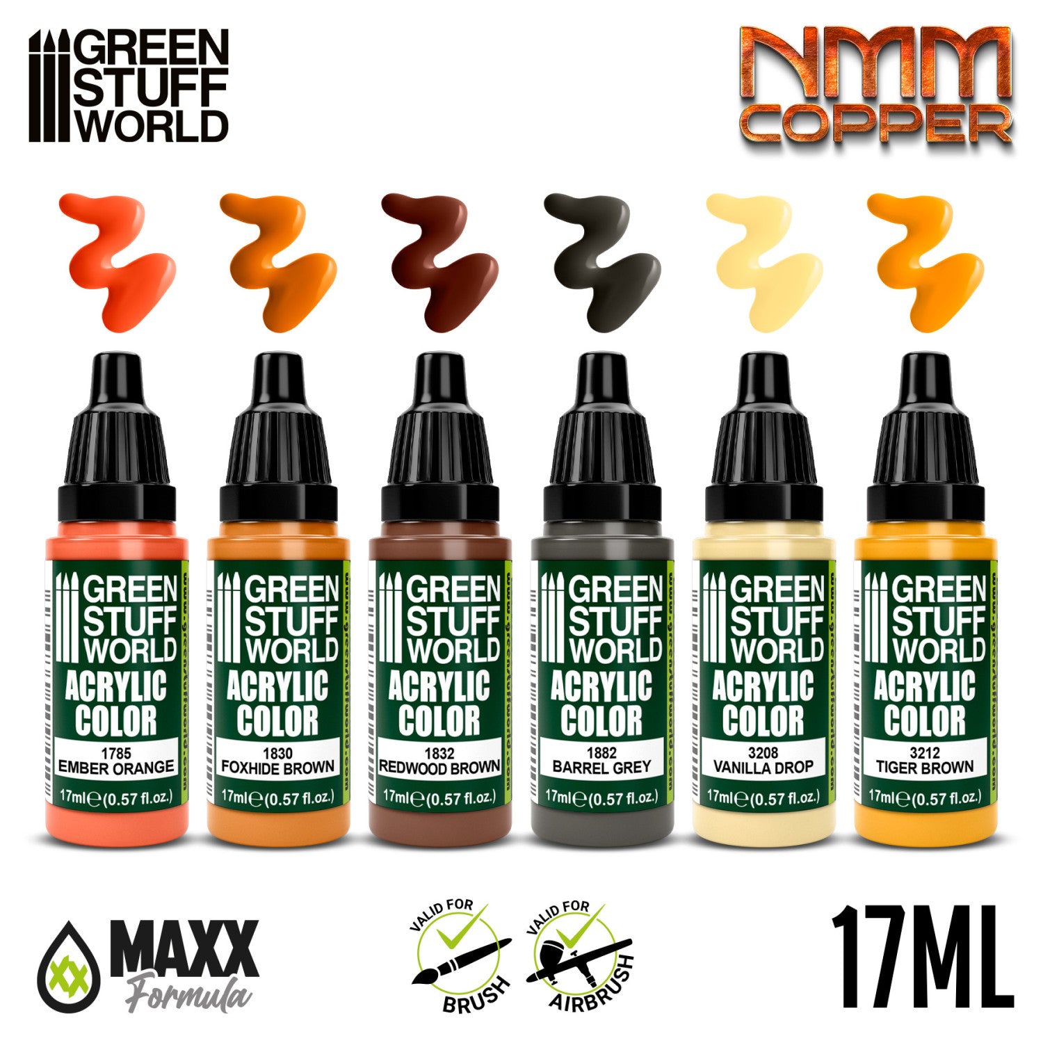 Green Stuff World Paint Set NMM Copper - 6 farb akrylowych z próbkami kolorów Ember Orange Foxhide Brown Redwood Brown Barrel Grey Vanilla Drop Tiger Brown - Green Stuff World
