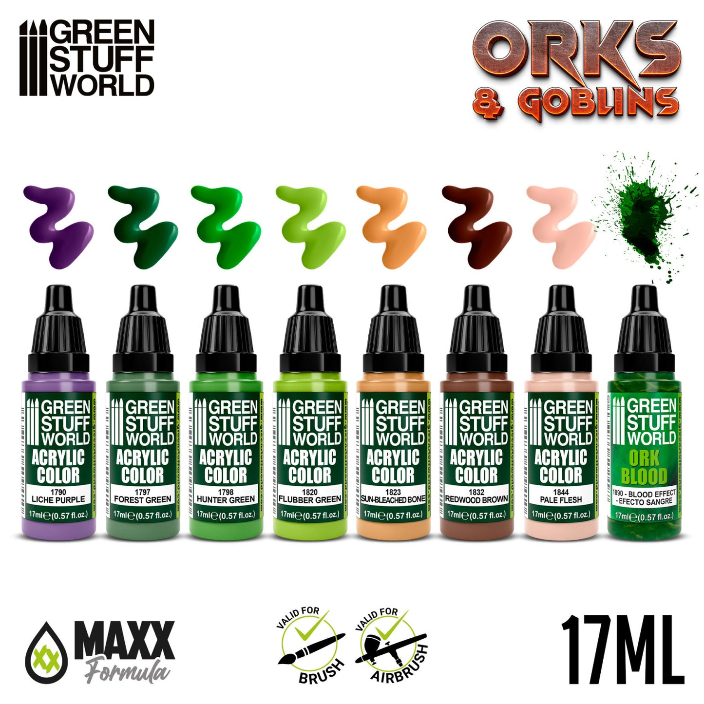 Green Stuff World Paint Set Orks and Goblins - zawartość zestawu 8 farb akrylowych z próbkami kolorów Liche Purple Forest Green Flubber Green Ork Blood - Green Stuff World
