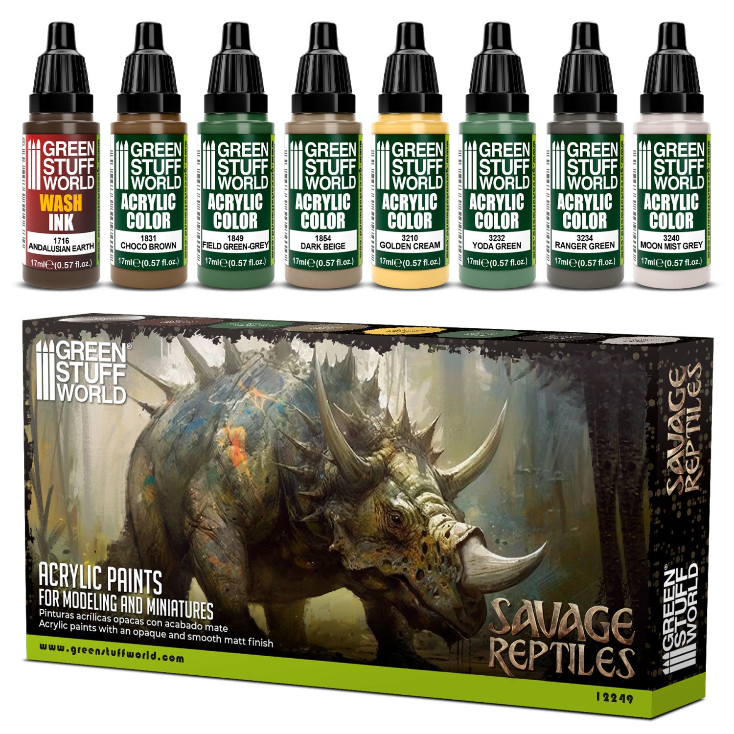 Zestaw farb Green Stuff World Paint Set Savage Reptiles 12249 - 8 farb akrylowych Maxx Formula do malowania gadów i dinozaurów - Green Stuff World
