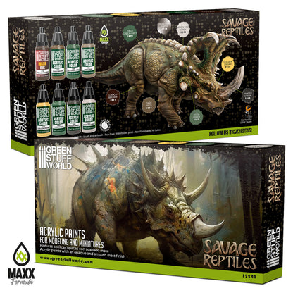 Green Stuff World Paint Set Savage Reptiles 12249 pudełko przód i tył - zestaw 8 farb akrylowych Maxx Formula do malowania figurek gadów - Green Stuff World
