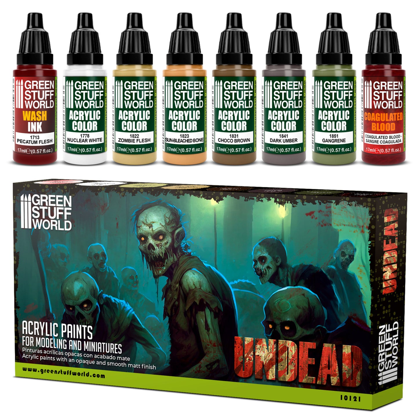 Zestaw farb Green Stuff World Paint Set Undead 10121 - 8 farb akrylowych Maxx Formula do malowania zombie i nieumarłych figurek fantasy - Green Stuff World
