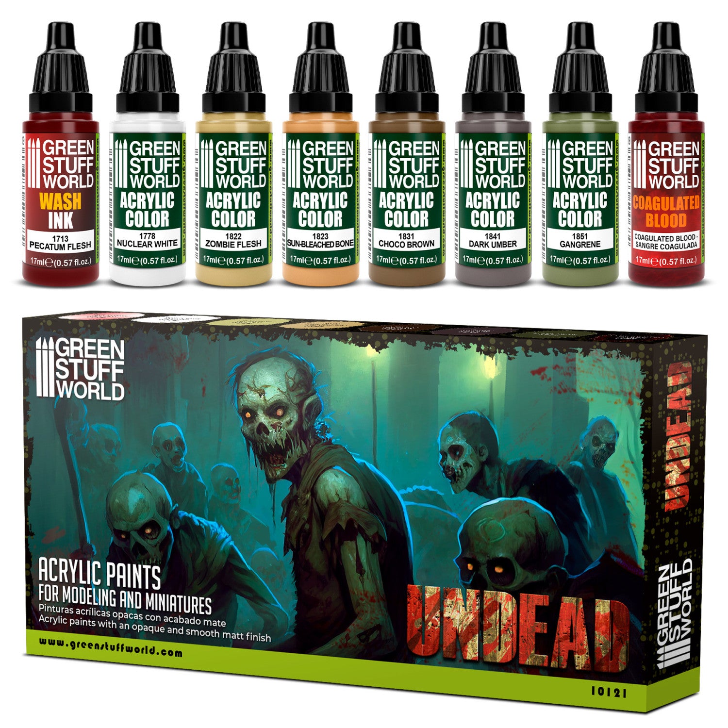 Zestaw farb Green Stuff World Paint Set Undead 10121 - 8 farb akrylowych Maxx Formula do malowania zombie i nieumarłych figurek fantasy - Green Stuff World

