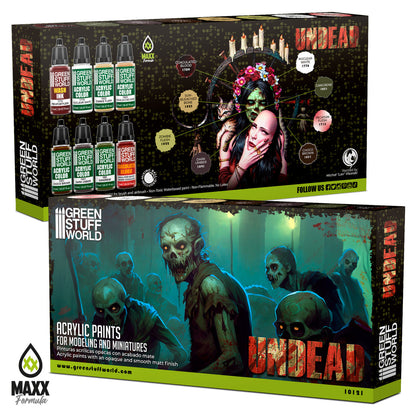 Green Stuff World Paint Set Undead 10121 pudełko przód i tył - zestaw 8 farb akrylowych Maxx Formula do malowania figurek zombie i nieumarłych Warhammer - Green Stuff World
