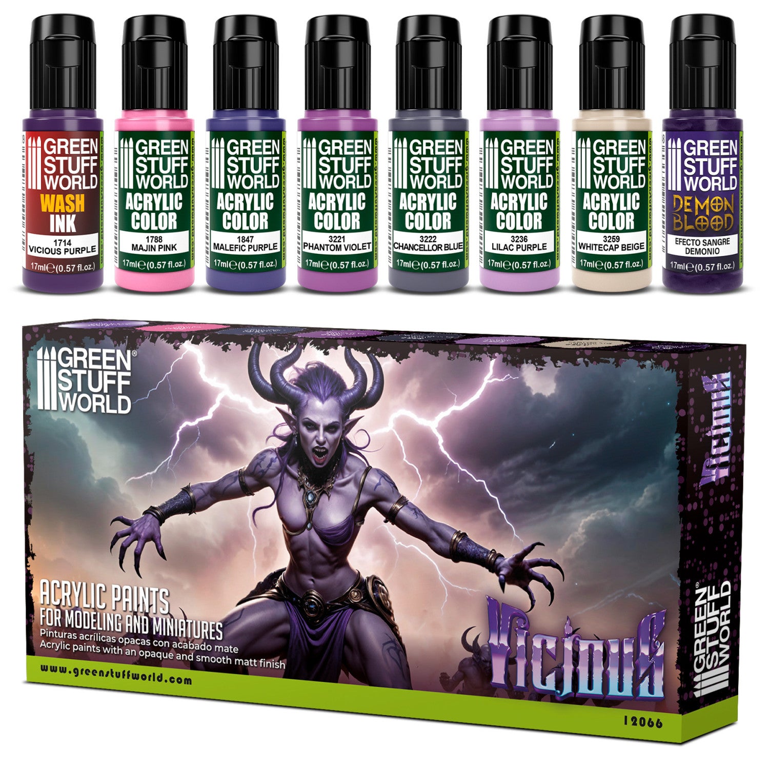 Zestaw farb Green Stuff World Paint Set Vicious 12066 - 8 farb akrylowych Maxx Formula do malowania demonów i postaci mrocznego fantasy - Green Stuff World
