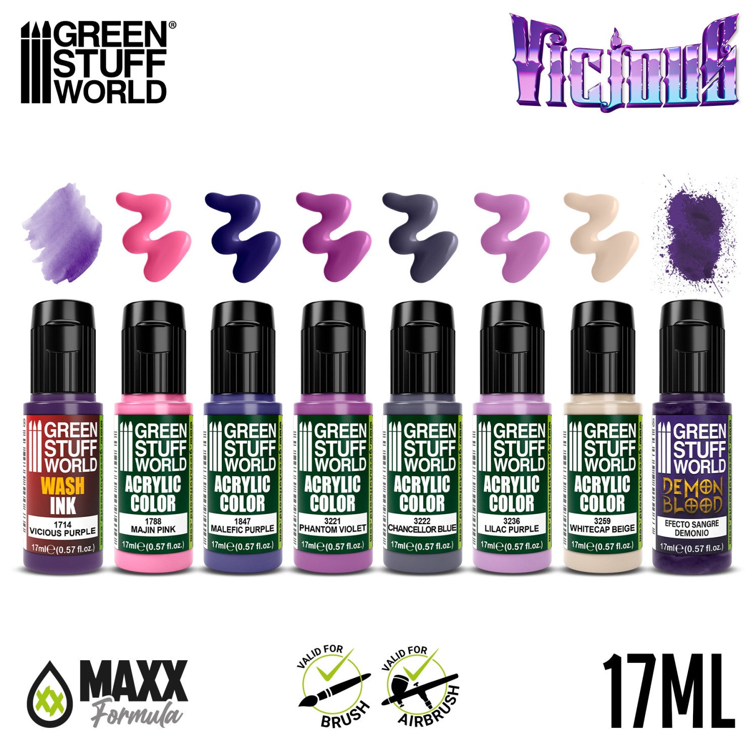 Green Stuff World Paint Set Vicious - zawartość zestawu 8 farb akrylowych z próbkami kolorów Vicious Purple Majin Pink Malefic Purple Demon Blood - Green Stuff World
