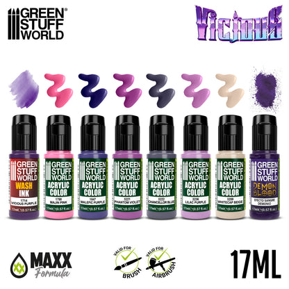 Green Stuff World Paint Set Vicious - zawartość zestawu 8 farb akrylowych z próbkami kolorów Vicious Purple Majin Pink Malefic Purple Demon Blood - Green Stuff World
