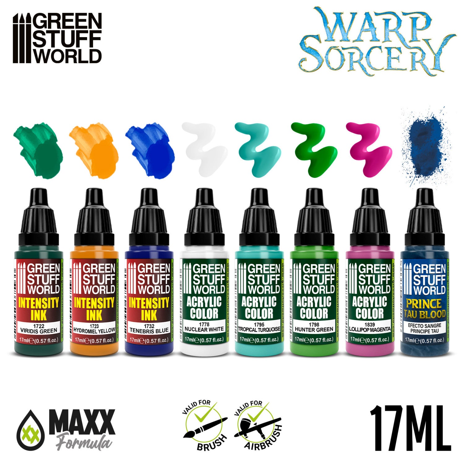 Green Stuff World Paint Set Warp Sorcery - zawartość zestawu 8 farb akrylowych z próbkami kolorów Viridis Green Tropical Turquoise Lollipop Magenta Prince Tau Blood - Green Stuff World
