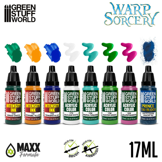 Green Stuff World Paint Set Warp Sorcery - zawartość zestawu 8 farb akrylowych z próbkami kolorów Viridis Green Tropical Turquoise Lollipop Magenta Prince Tau Blood - Green Stuff World
