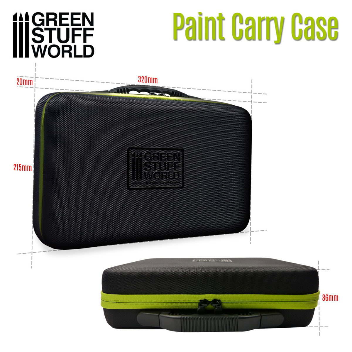 Paint Carry Case Green Stuff World – czarna twarda walizka z zielonym zamkiem błyskawicznym i logo GSW, widok z przodu i z boku z wymiarami: 320×215mm, głębokość 86mm, uchwyt transportowy na górze, napis "Paint Carry Case", logo GSW
