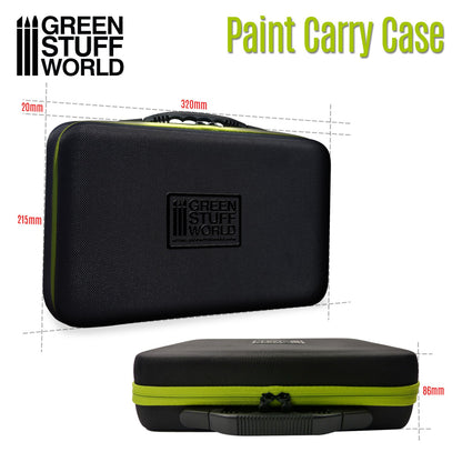 Paint Carry Case Green Stuff World – czarna twarda walizka z zielonym zamkiem błyskawicznym i logo GSW, widok z przodu i z boku z wymiarami: 320×215mm, głębokość 86mm, uchwyt transportowy na górze, napis "Paint Carry Case", logo GSW
