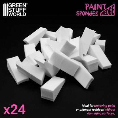 Paint Wedge Sponges Green Stuff World – 24 białe gąbki klinowe na czarnym tle, napis "x24", "Ideal for removing paint or pigment residues without damaging surfaces", logo Green Stuff World i Paint Sponges Wedge
