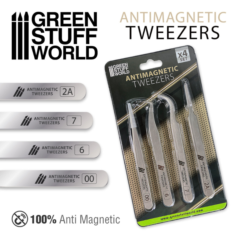 Antimagnetic Tweezers x4 - opakowanie zestaw 4 sztuk 100% Anti Magnetic | Green Stuff World

