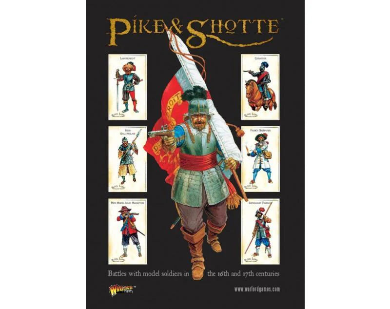 Pike & Shotte Rulebook - frontalna okładka książki zasad na czarnym tle - centralnie chorąży w zielono-szarym stroju z czerwono-białą flagą z napisem Gott, otoczony sześcioma kartami z ilustracjami postaci: Landsknecht, Cuirassier, Irish Galloglaich, French Grenadier, New Model Army Musketeer, Imperialist Dragoon - logo Warlord Games - Warlord Games 201010001 - warlordgames.com
