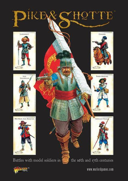 Pike & Shotte For King & Country - okładka książki zasad Pike & Shotte - czarne tło z ilustracjami sześciu postaci XVII-wiecznych: Landsknecht, Cuirassier, Irish Galloglaich, French Grenadier, New Model Army Musketeer, Imperialist Dragoon - centralnie chorąży z dużą flagą - Warlord Games WGP-START-01
