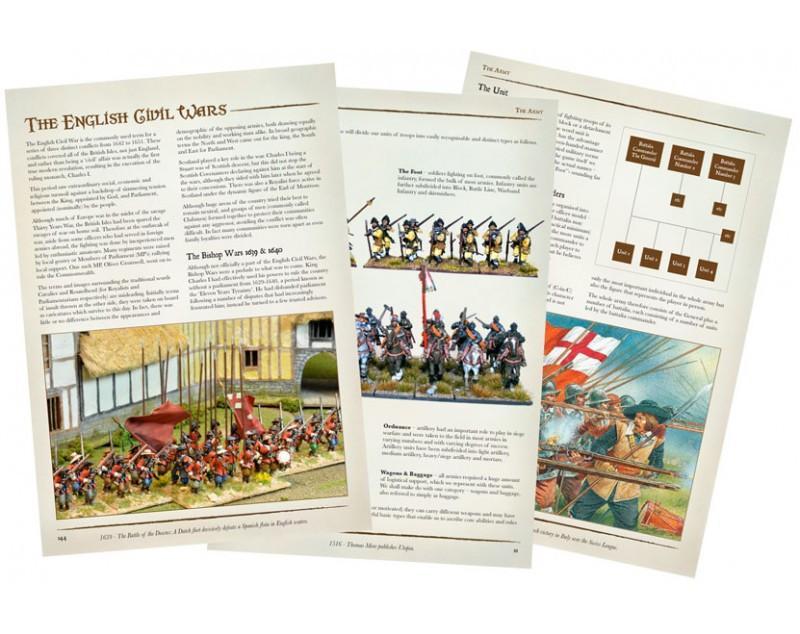 Pike & Shotte Rulebook - trzy rozkładki książki zasad: lewa strona z rozdziałem The English Civil Wars z tekstem historycznym i zdjęciami figurek, środkowa z rozdziałem The Unit z diagramami struktury armii i tabelami statystyk, prawa z rozdziałem The Army z opisem zasad i zdjęciami pomalowanych figurek kawalerii i piechoty - Warlord Games 201010001

