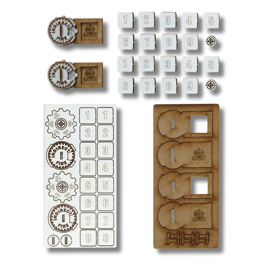 Bolt Action MDF Artillery Zeroing In Markers 408800003 Warlord Games – 2 złożone markery Indirect Fire z miejscem na kostkę rozkazów oraz arkusze MDF i żetony do złożenia
