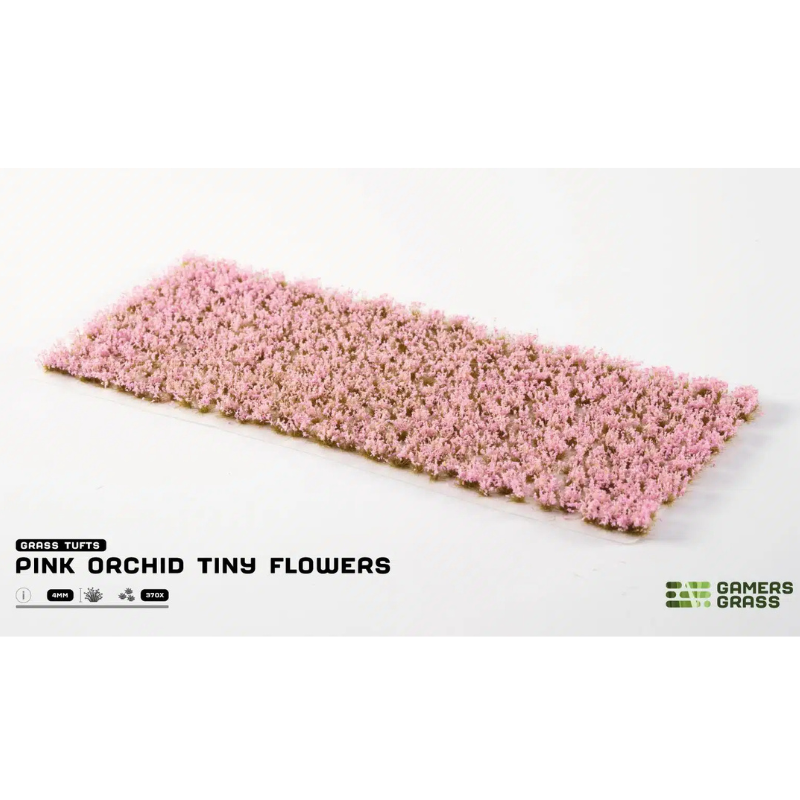 Pink Orchid Tiny Flowers 4mm Gamers Grass - arkusz kępek kwiatowych na białym tle z logo Gamers Grass i opisem produktu: Grass Tufts 4mm 370x
