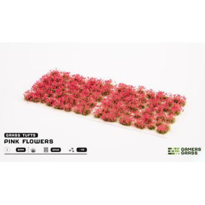 Pink Flowers 6mm Wild Gamers Grass - arkusz kępek kwiatowych na białym tle z logo Gamers Grass i opisem produktu: Grass Tufts 6mm Wild 70x
